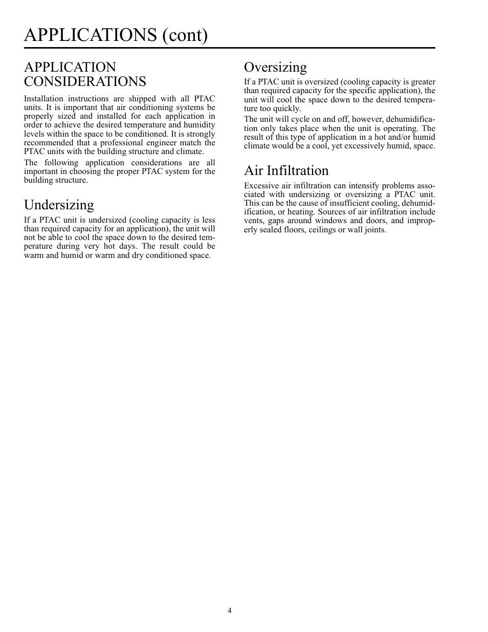 Applications (cont), Application considerations, Undersizing | Oversizing, Air infiltration | Carrier Packaged Terminal s & Heat Pumps 52P User Manual | Page 4 / 56