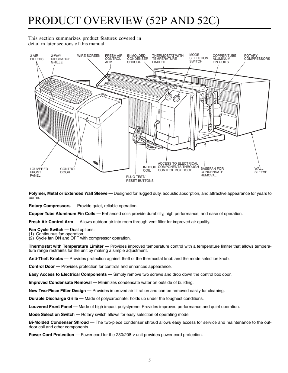 Product overview (52p and 52c) | Carrier Packaged Terminal s & Heat Pumps 52P User Manual | Page 5 / 56