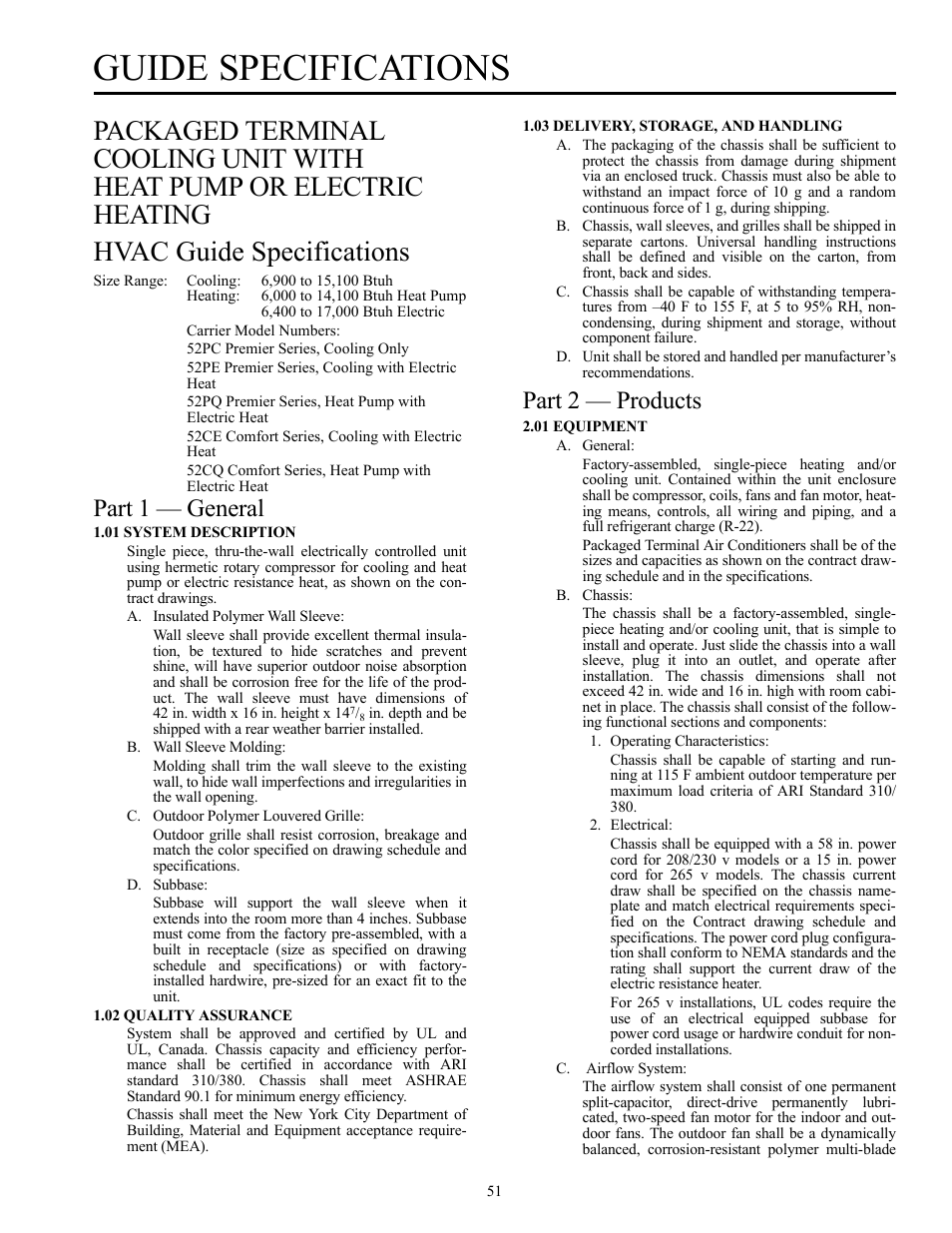 Guide specifications, Part 1 — general, Part 2 — products | Carrier Packaged Terminal s & Heat Pumps 52P User Manual | Page 51 / 56