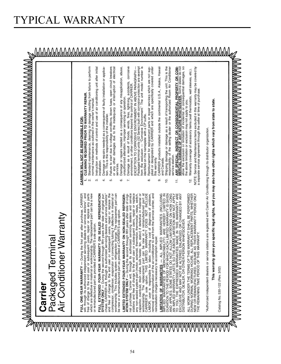 Typical warranty | Carrier Packaged Terminal s & Heat Pumps 52P User Manual | Page 54 / 56