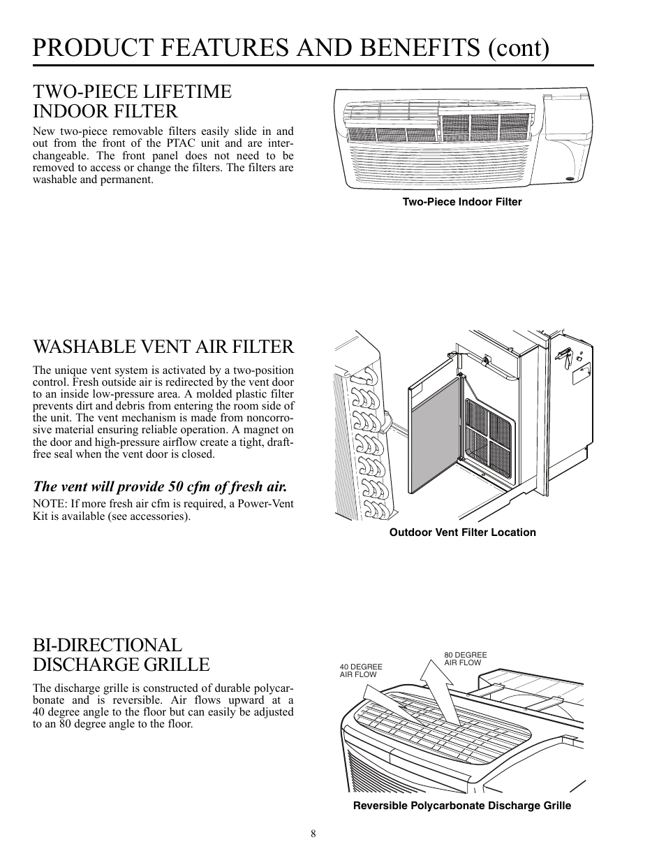 Product features and benefits (cont), Two-piece lifetime indoor filter, Washable vent air filter | Bi-directional discharge grille | Carrier Packaged Terminal s & Heat Pumps 52P User Manual | Page 8 / 56