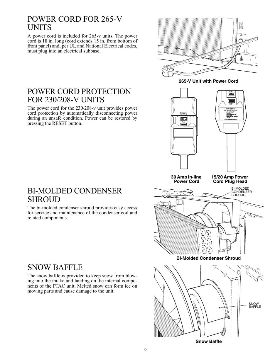 Power cord for 265-v units, Bi-molded condenser shroud, Snow baffle | Carrier Packaged Terminal s & Heat Pumps 52P User Manual | Page 9 / 56