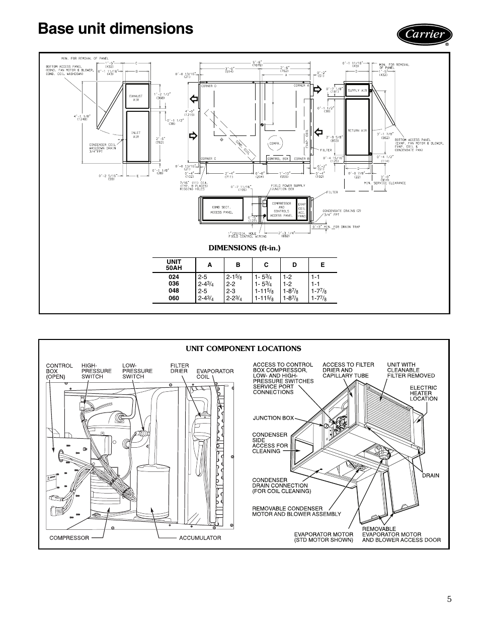 Base unit dimensions | Carrier 50AH User Manual | Page 5 / 16