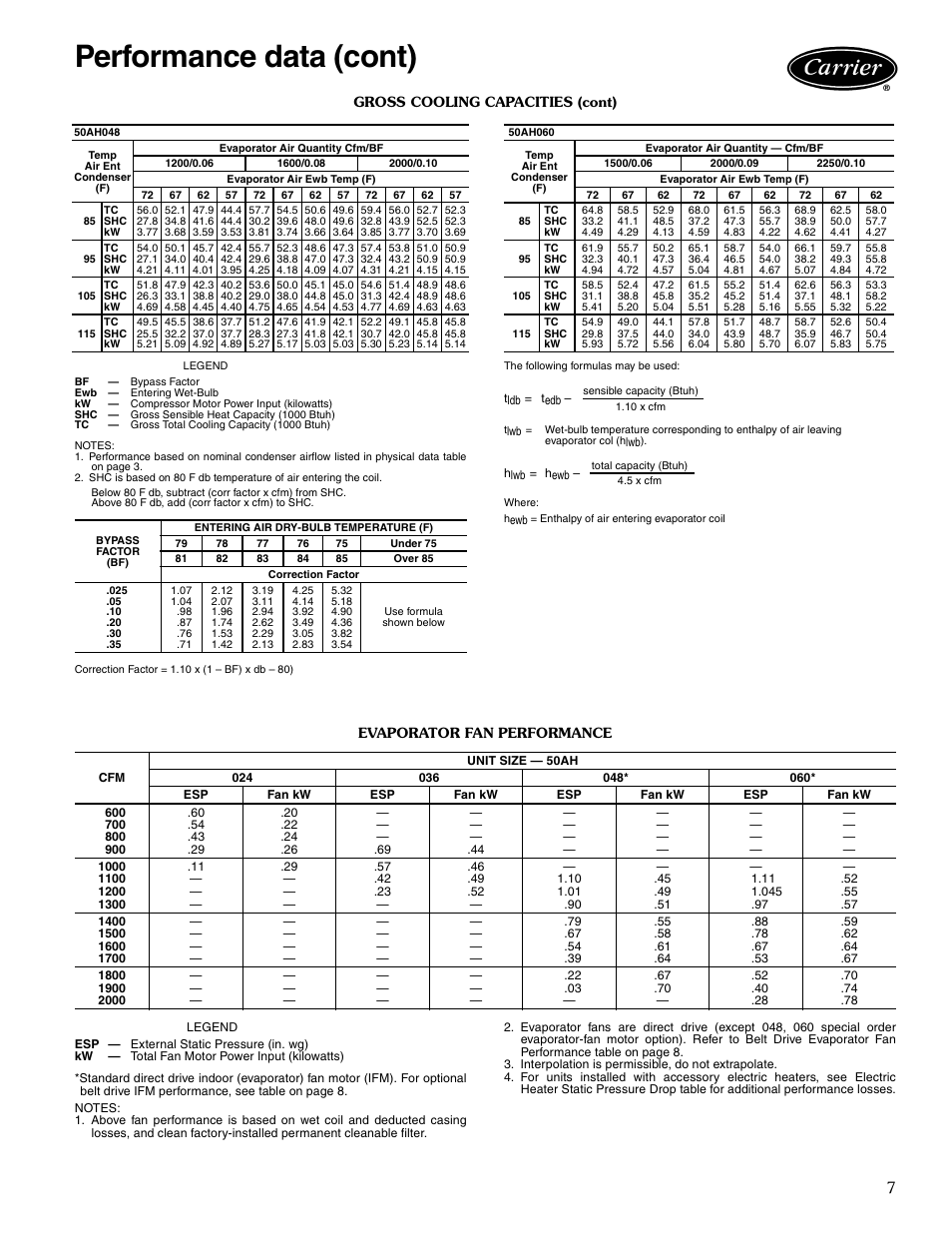 Performance data (cont) | Carrier 50AH User Manual | Page 7 / 16