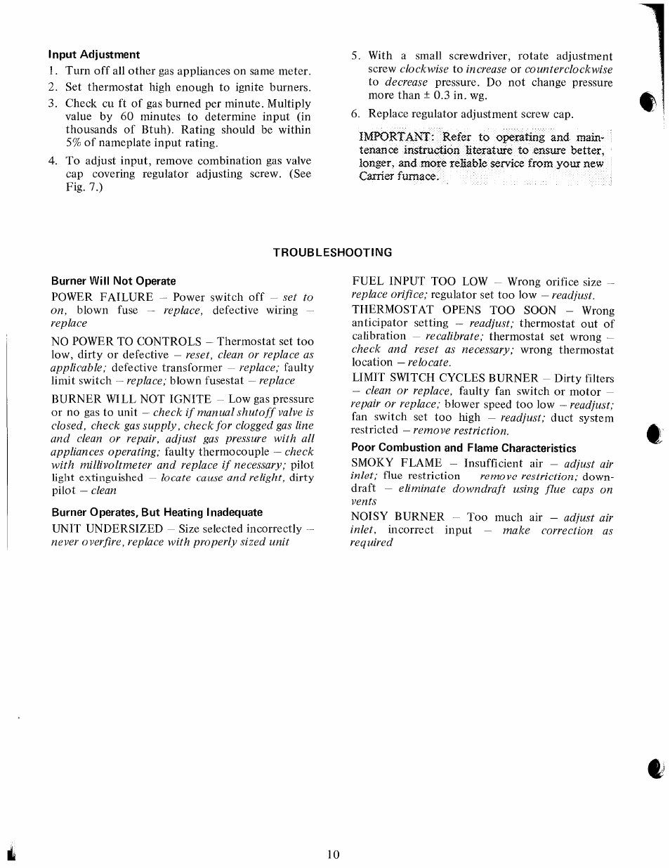 Input adjustment, Troubleshooting, Burner will not operate | Carrier 58BB User Manual | Page 10 / 11