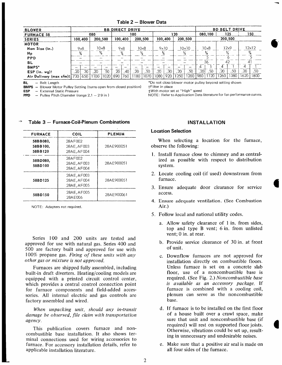 Table 2 — blower data, Installation location selection | Carrier 58BB User Manual | Page 2 / 11