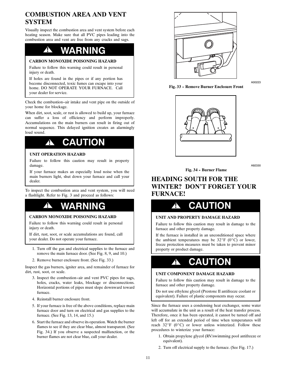 Warning, Caution, Combustion area and vent system | Carrier 58MVC User Manual | Page 11 / 14