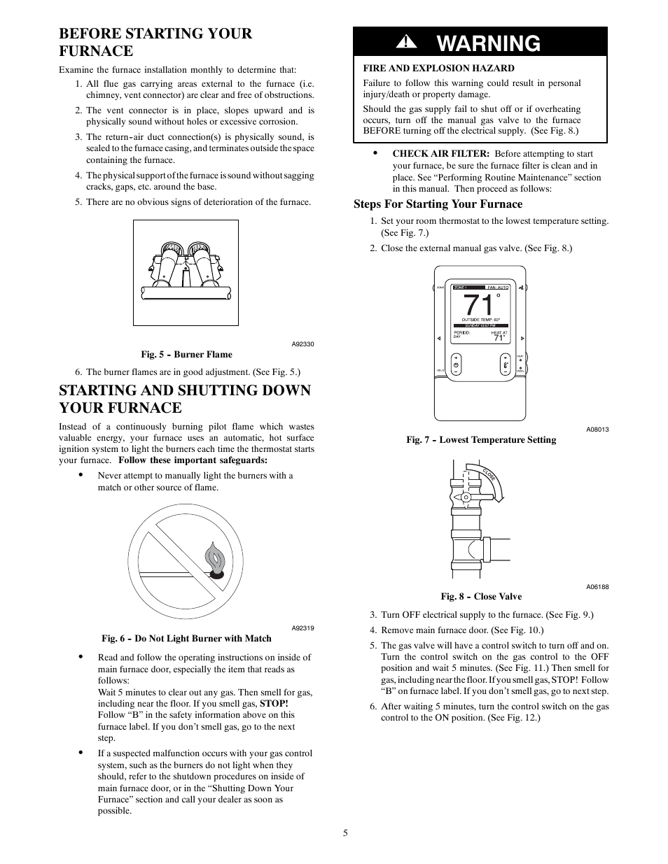 Warning, Before starting your furnace, Starting and shutting down your furnace | Carrier 58MVC User Manual | Page 5 / 14