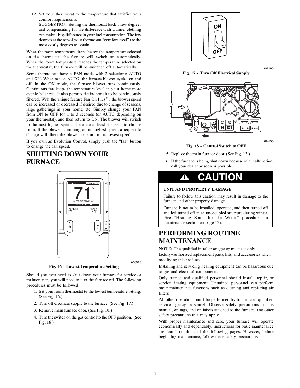 Caution, Shutting down your furnace, Performing routine maintenance | Carrier 58MVC User Manual | Page 7 / 14