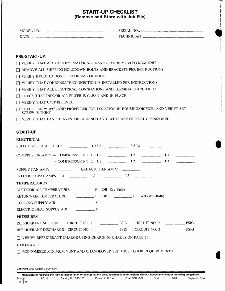Pre-start-up, Start-up, Start-up checklist | Remove and store with job file) | Carrier 50HJ015 User Manual | Page 18 / 18
