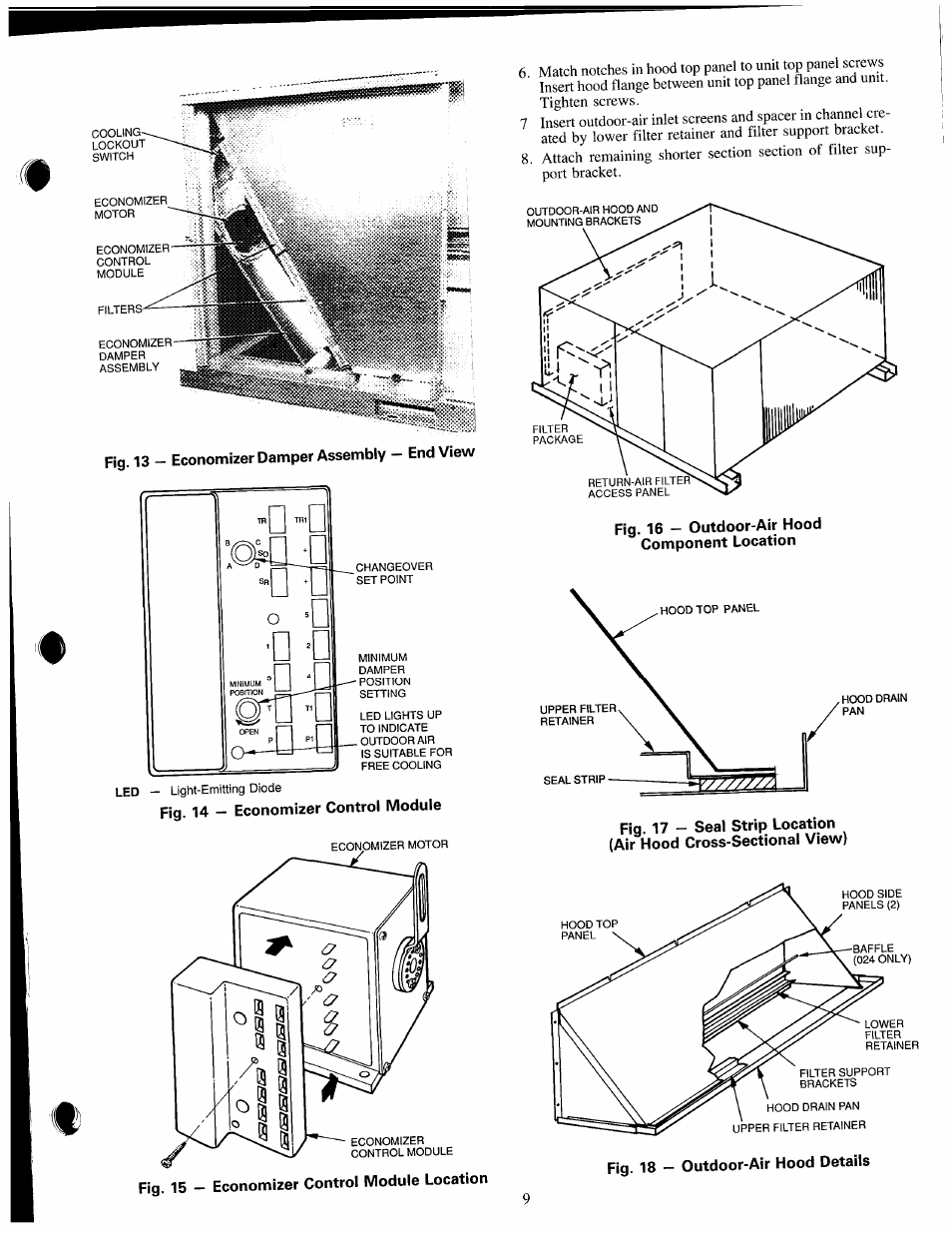Fig. 13 — economizer damper assembly — end view, Fig. 14 — economizer control module, Fig. 16 — outdoor-air hood component location | Carrier 50HJ015 User Manual | Page 9 / 18