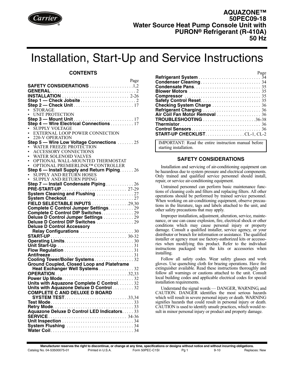 Carrier 50PEC09-18 User Manual | 40 pages