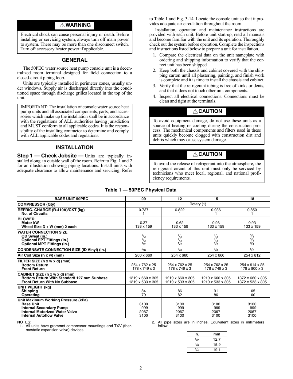 General, Installation step 1 — check jobsite, Warning | Caution | Carrier 50PEC09-18 User Manual | Page 2 / 40