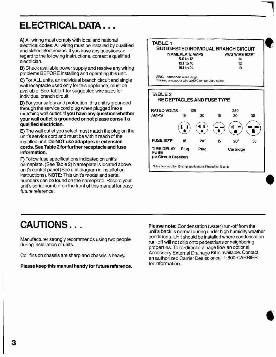 Electrical data, Cautions | Carrier 51QC/QG User Manual | Page 4 / 15