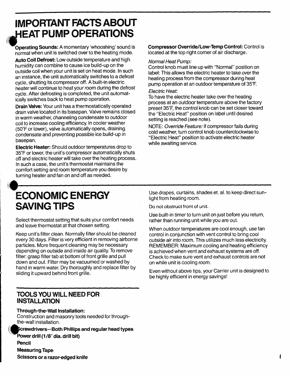 Impofttant facts about .^eat pump operations, Economic energy saving tips, Tools you will need for installation | Tools needed for installation, Impofttant, About .^eat pump operations, Facts | Carrier 51QC/QG User Manual | Page 7 / 15
