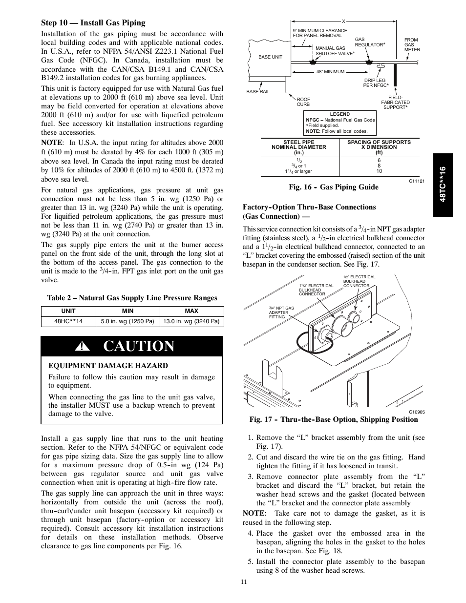 Caution, Step 10 — install gas piping | Carrier 48TC**16 User Manual | Page 11 / 48