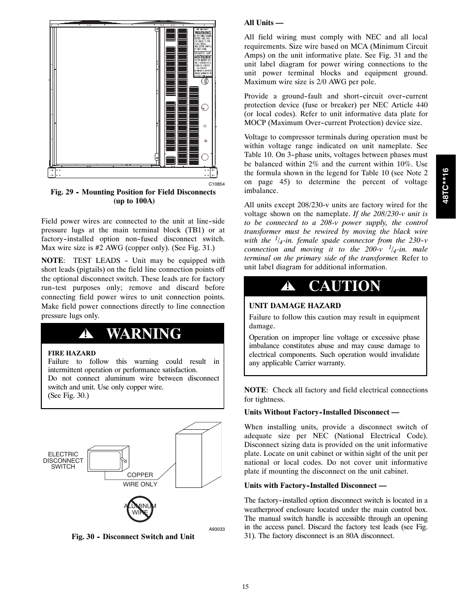 Warning, Caution | Carrier 48TC**16 User Manual | Page 15 / 48