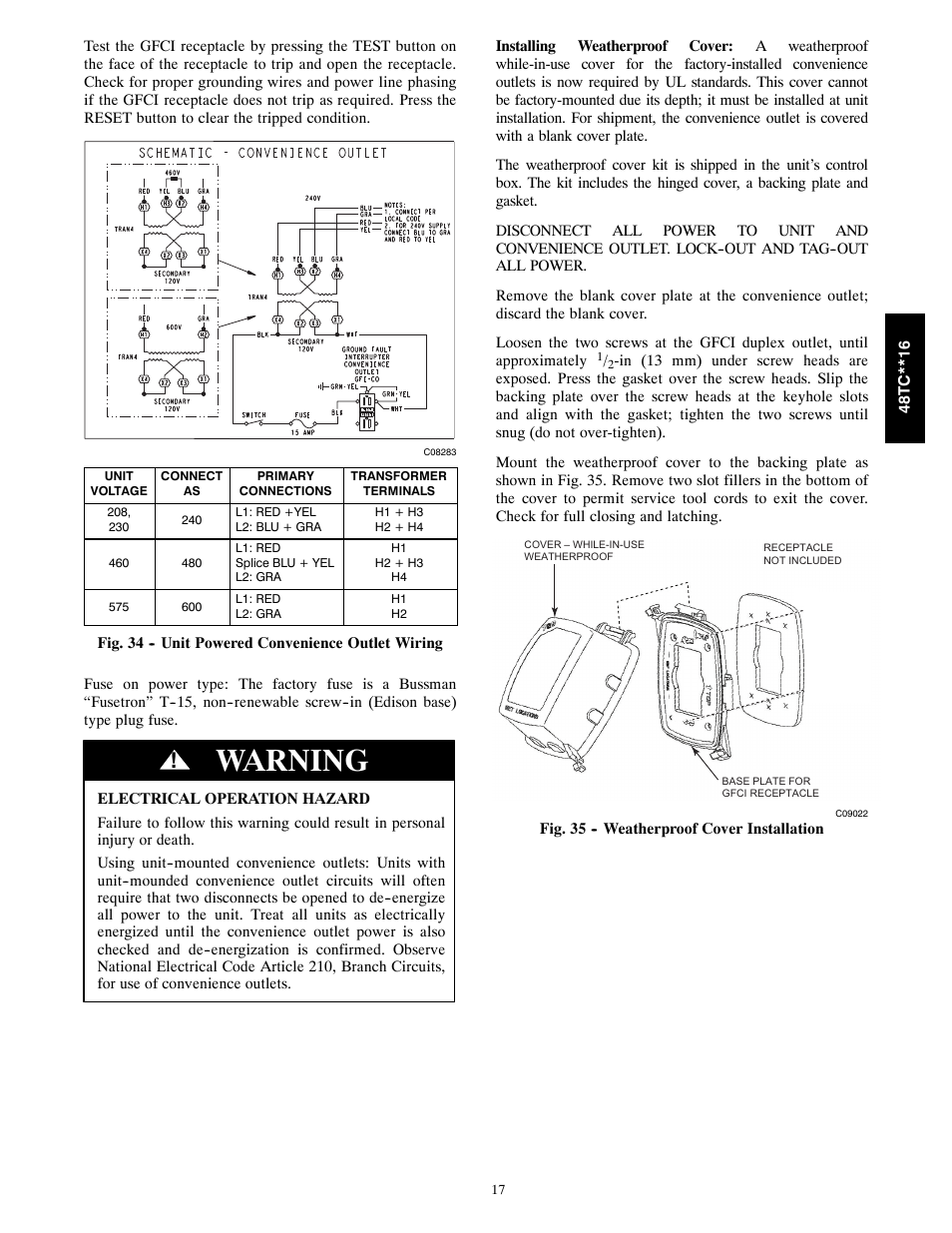Warning | Carrier 48TC**16 User Manual | Page 17 / 48