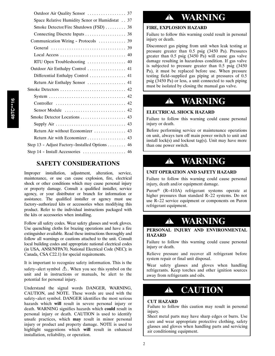Warning, Caution, Safety considerations | Carrier 48TC**16 User Manual | Page 2 / 48