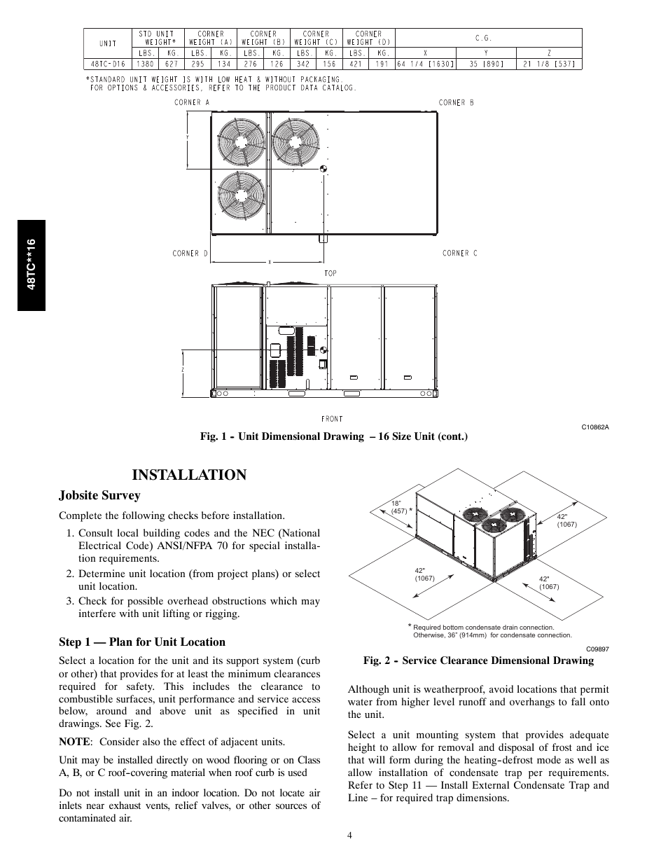 Installation, Jobsite survey | Carrier 48TC**16 User Manual | Page 4 / 48