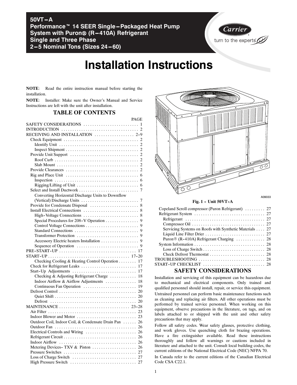 Carrier PERFORMANCE 50VT-A User Manual | 32 pages