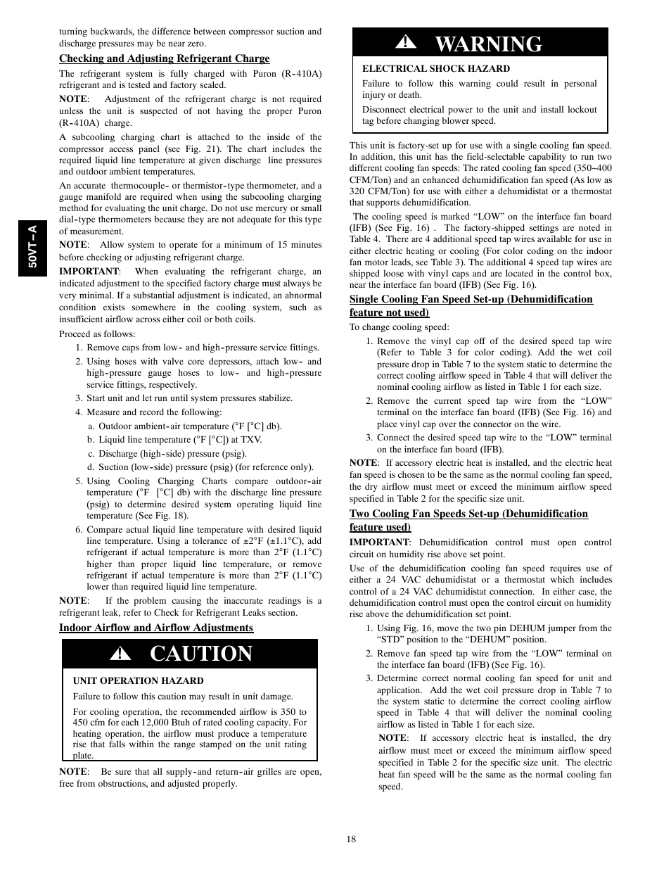 Caution, Warning | Carrier PERFORMANCE 50VT-A User Manual | Page 18 / 32