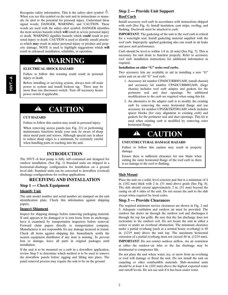 Warning, Caution, Introduction | Receiving and installation | Carrier PERFORMANCE 50VT-A User Manual | Page 2 / 32