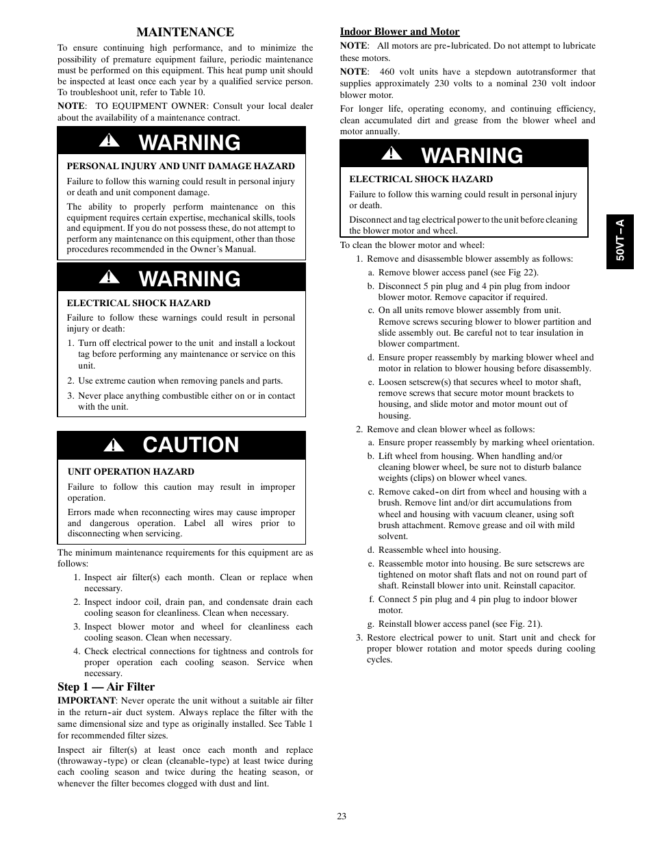 Warning, Caution, Maintenance | Carrier PERFORMANCE 50VT-A User Manual | Page 23 / 32