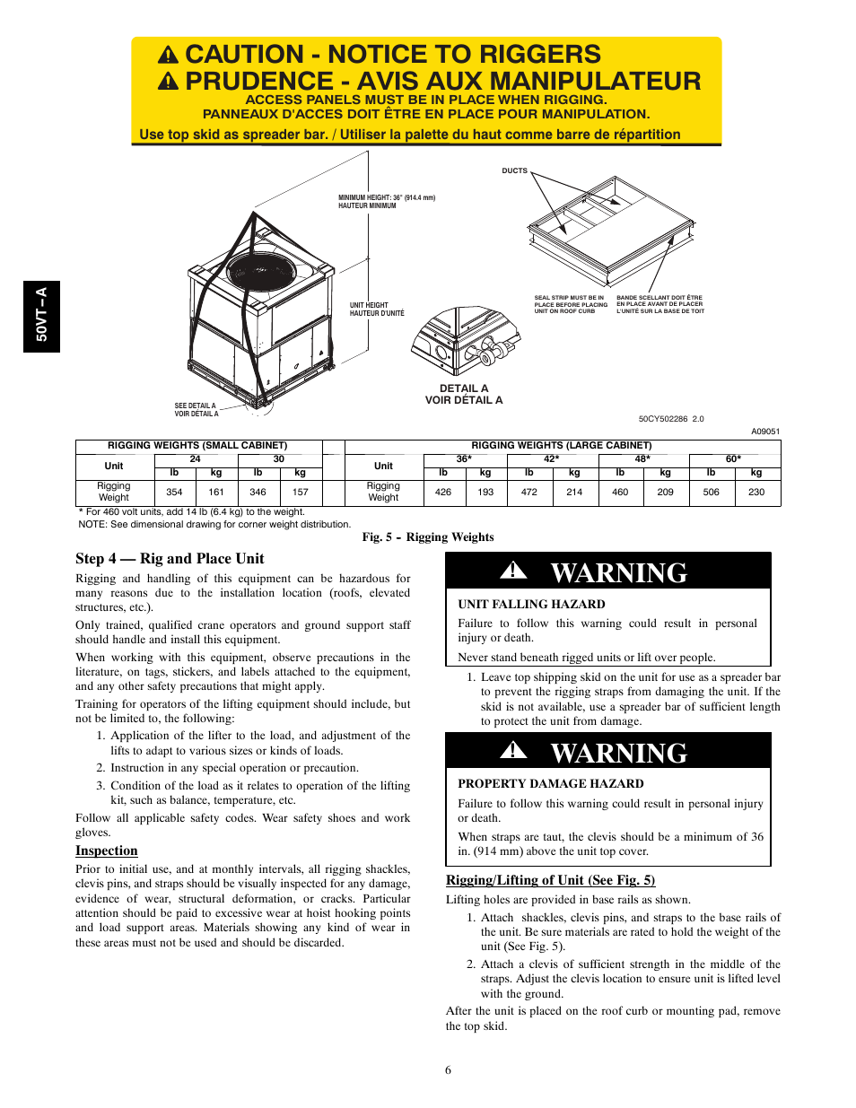 Warning, Step 4 — rig and place unit | Carrier PERFORMANCE 50VT-A User Manual | Page 6 / 32