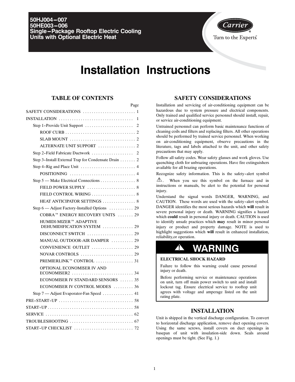 Carrier 50HE003-006 User Manual | 72 pages