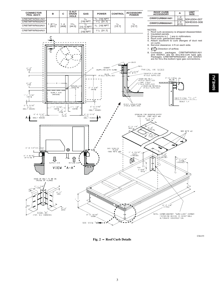 50h e, h j, Fig. 2 --- roof curb details | Carrier 50HE003-006 User Manual | Page 3 / 72