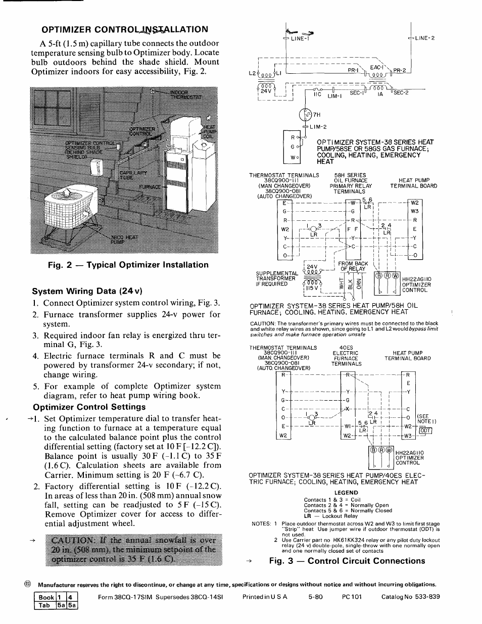 Optimizer coimtrou^a^llatioisi, System wiring data (24 v), Optimizer control settings | Carrier 38CQ User Manual | Page 2 / 2