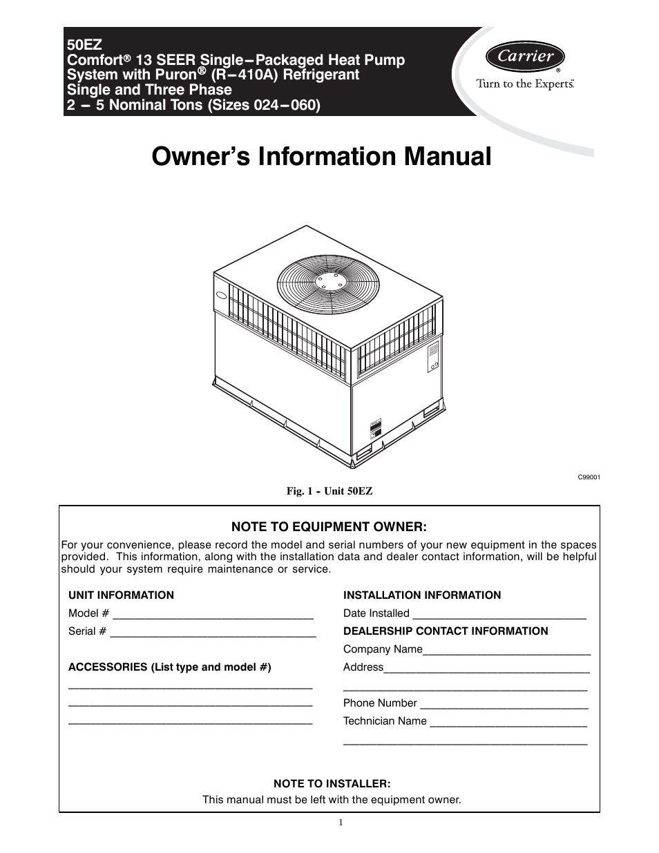 Carrier COMFORT 13 50EZ User Manual | 4 pages