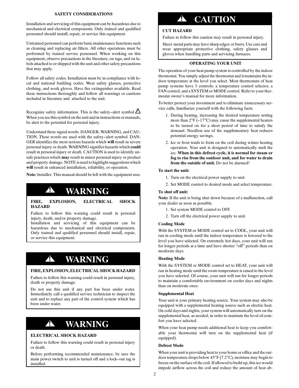 Warning, Caution | Carrier COMFORT 13 50EZ User Manual | Page 2 / 4