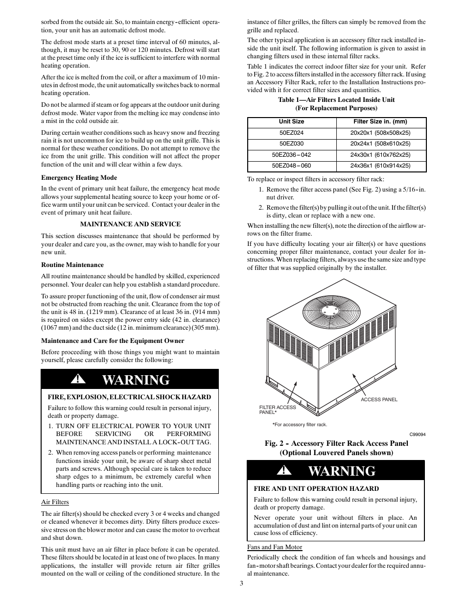 Warning | Carrier COMFORT 13 50EZ User Manual | Page 3 / 4