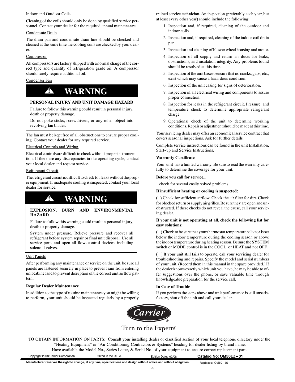 Warning | Carrier COMFORT 13 50EZ User Manual | Page 4 / 4