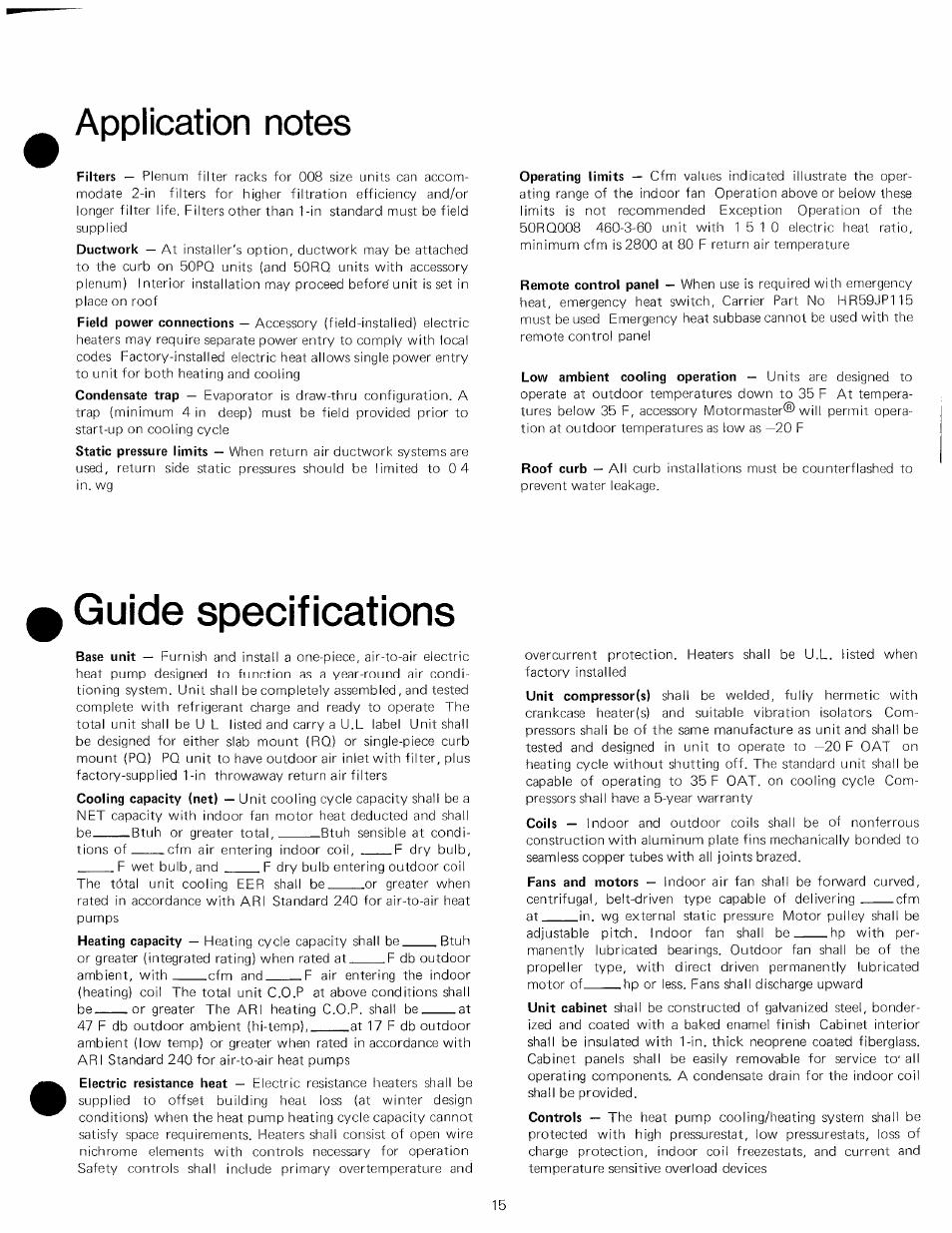 Application notes, Guide specifications | Carrier 50PQ User Manual | Page 15 / 16