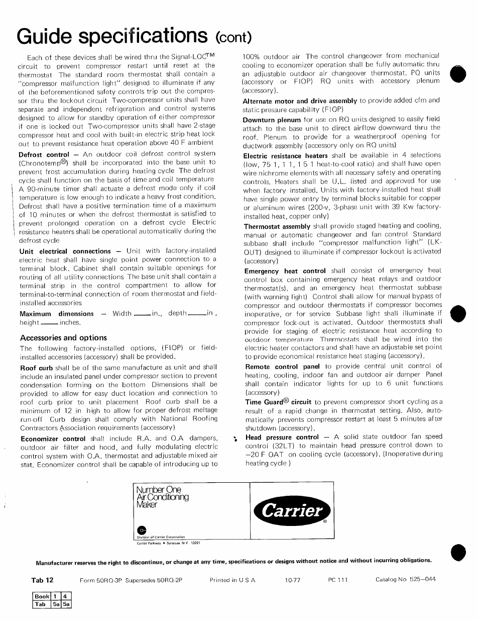 Accessories and options, Guide specifications, Cont) | Carrier 50PQ User Manual | Page 16 / 16