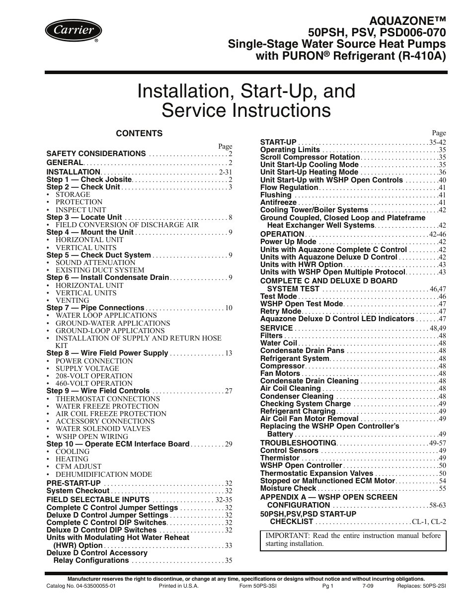 Carrier AQUAZONE PSV User Manual | 68 pages