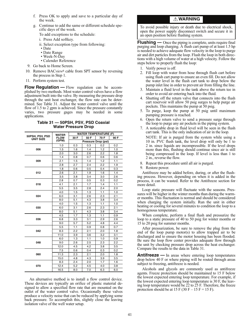 Flow regulation, Flushing, Antifreeze | Warning | Carrier AQUAZONE PSV User Manual | Page 41 / 68