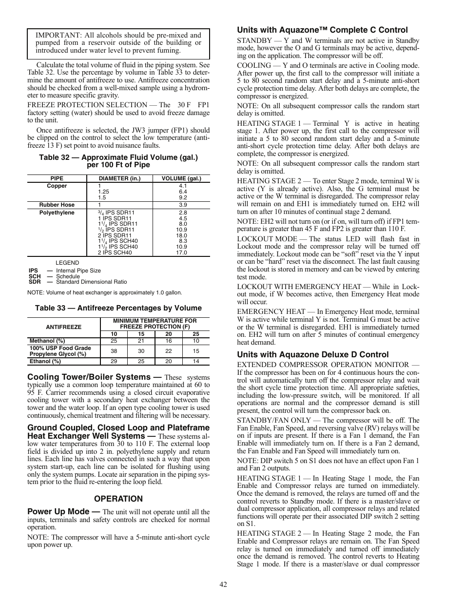 Cooling tower/boiler systems, Operation power up mode, Units with aquazone™ complete c control | Units with aquazone deluxe d control | Carrier AQUAZONE PSV User Manual | Page 42 / 68