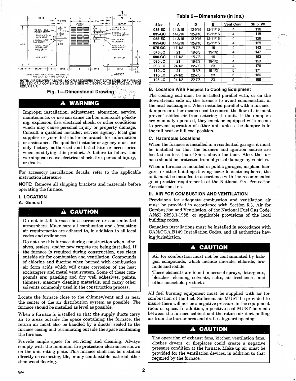 A warning, A caution | Carrier 58PAV User Manual | Page 2 / 16