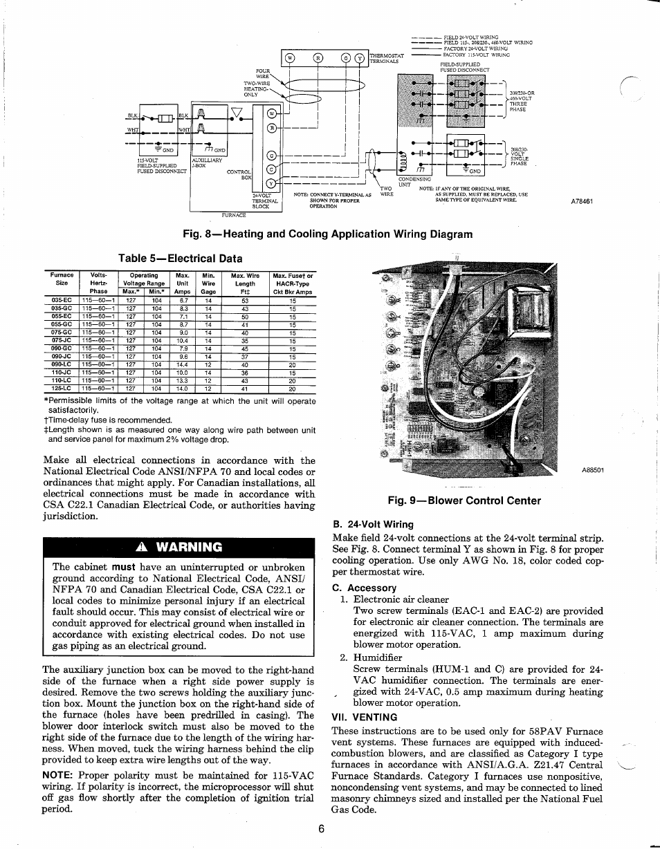 A warning, Fig. 9—blower control center | Carrier 58PAV User Manual | Page 6 / 16