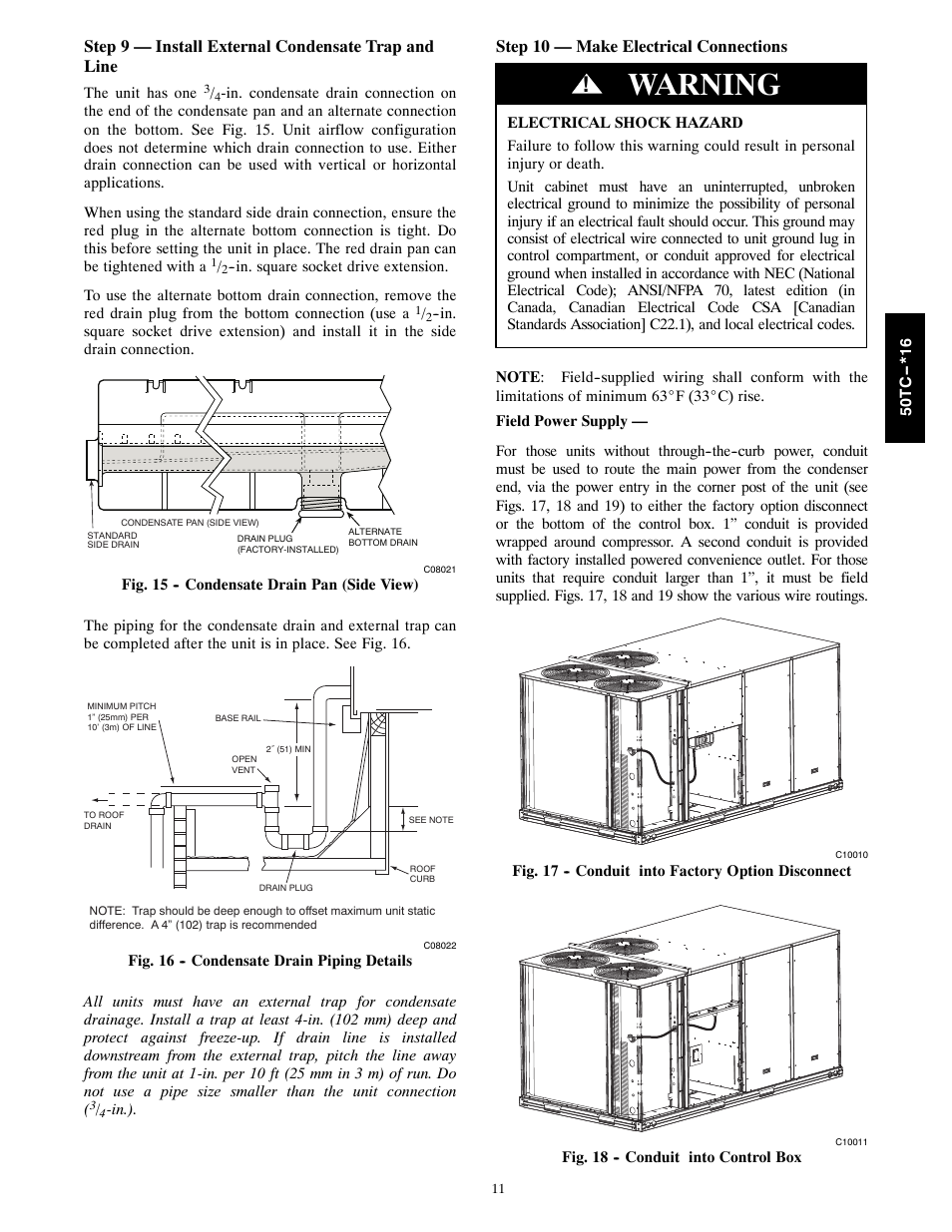 Warning, Step 9 — install external condensate trap and line, Step 10 — make electrical connections | Carrier 50TC User Manual | Page 11 / 48
