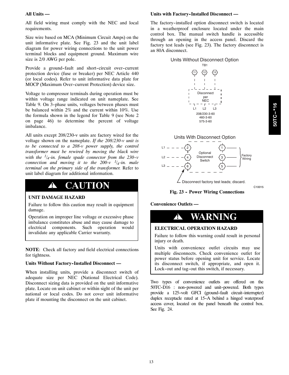 Caution, Warning | Carrier 50TC User Manual | Page 13 / 48