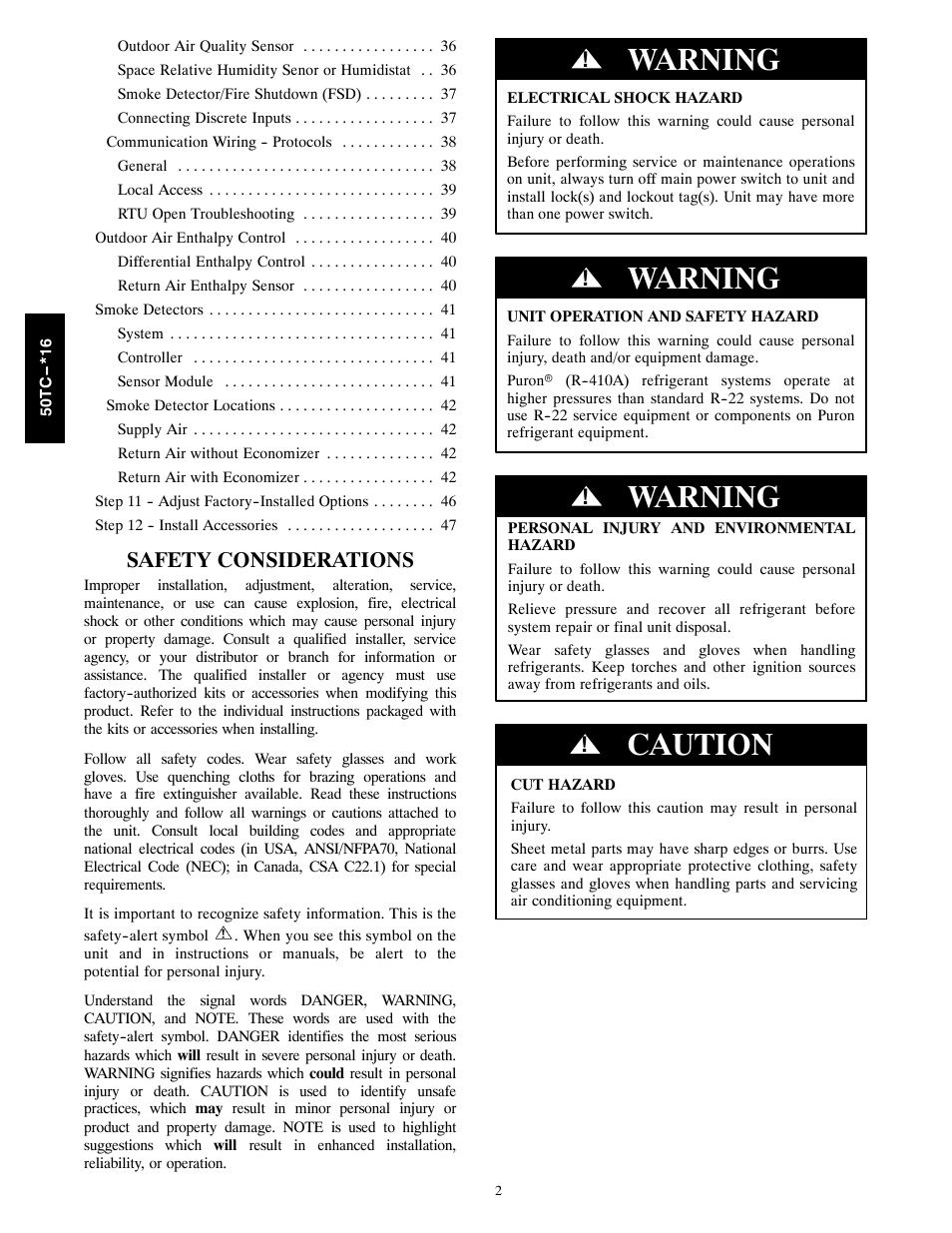 Warning, Caution, Safety considerations | Carrier 50TC User Manual | Page 2 / 48
