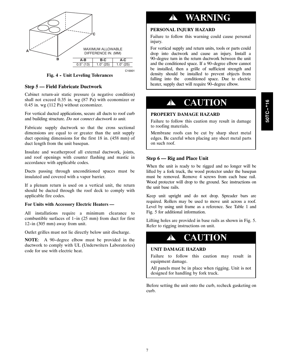 Warning, Caution | Carrier 50TC User Manual | Page 7 / 48