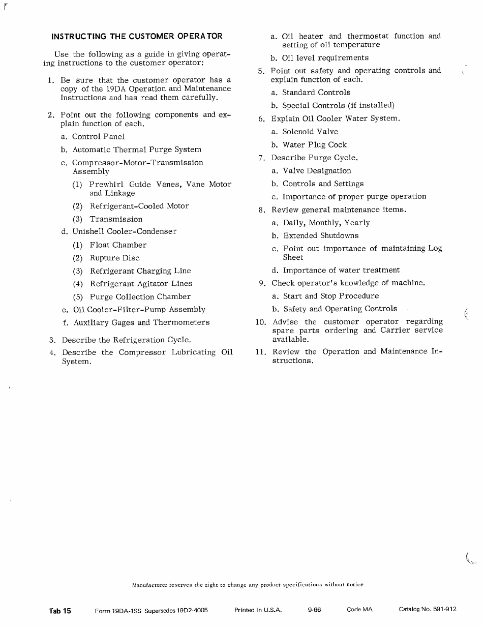 Instructing the customer operator | Carrier 19DA User Manual | Page 12 / 12