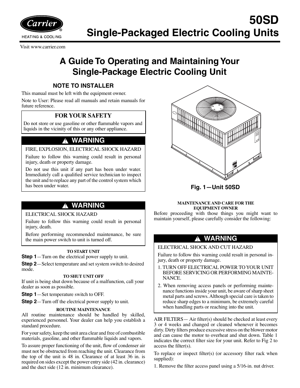 Carrier SINGLE-PACKAGED ELECTRIC COOLING UNITS 50SD User Manual | 4 pages