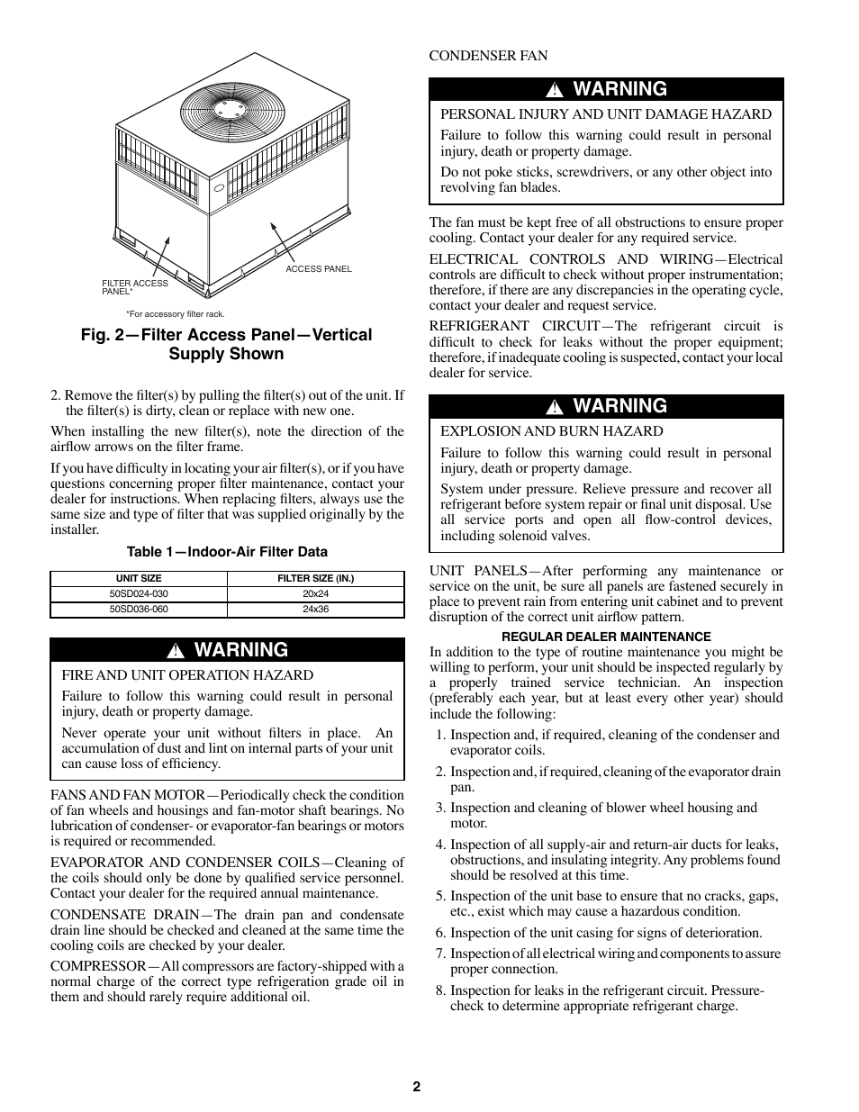 Warning | Carrier SINGLE-PACKAGED ELECTRIC COOLING UNITS 50SD User Manual | Page 2 / 4